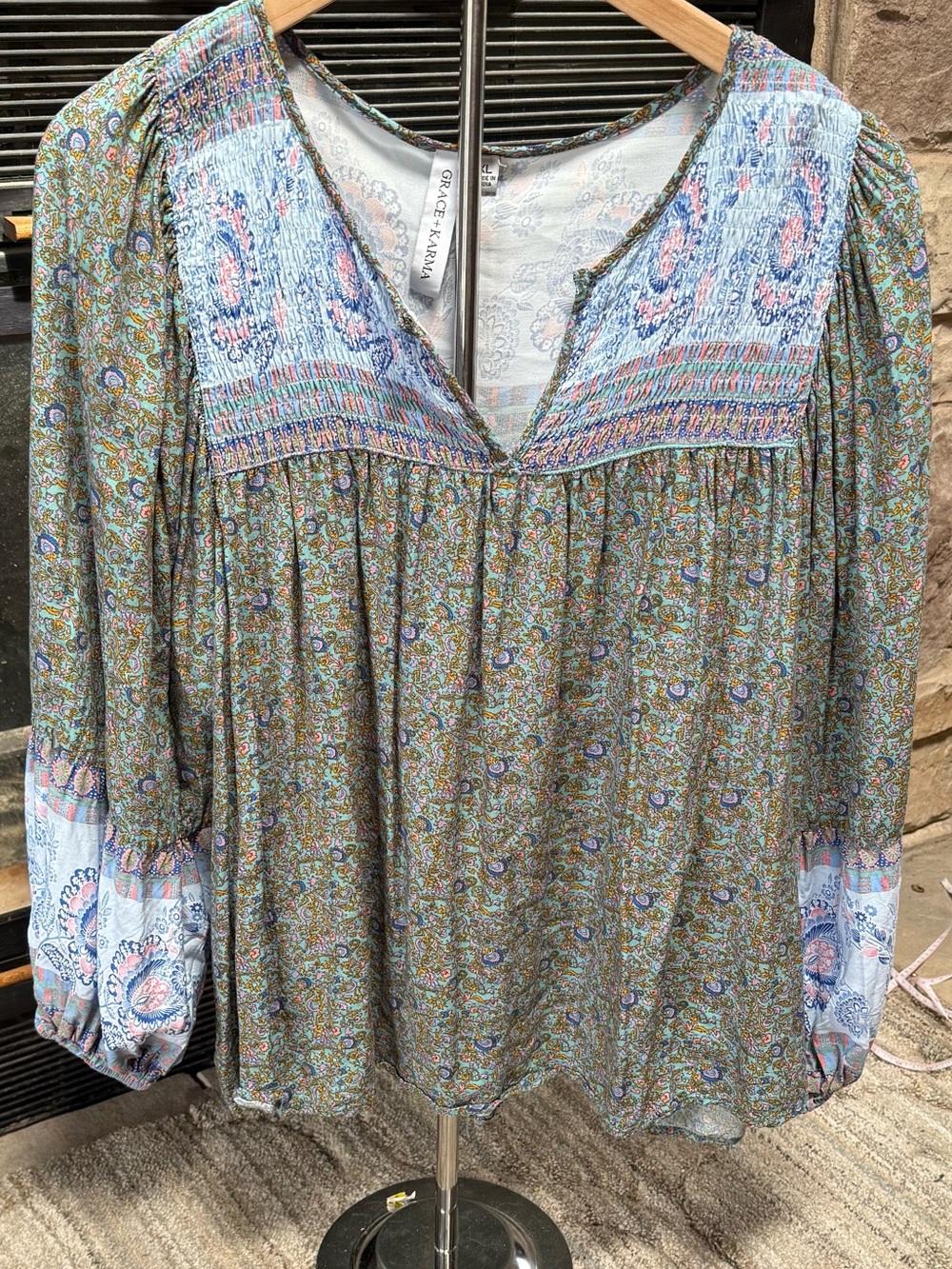 Olive Paisley Smocked blousy with Blue Accents